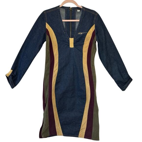 FUBU Dresses & Skirts - Vintage FUBU Denim Long Sleeve Dress Corduroy Patchwork Stripes Vneck Size 7/8